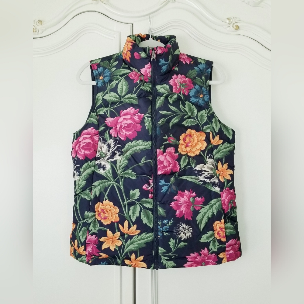 Lands End Blue Floral Down Hyper Dry Full Zip Vest Womens Small Petite 6/8